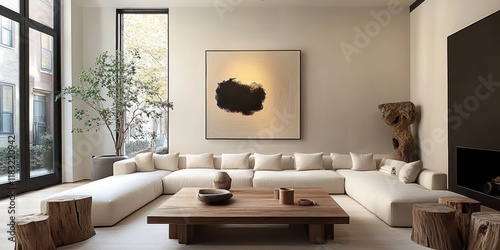 modern minimalist living room, white sectional sofa, wooden coffee table, large potted plant, abstract black and white wall art, natural light, floor-to-ceiling windows, hardwood floors, neutral color