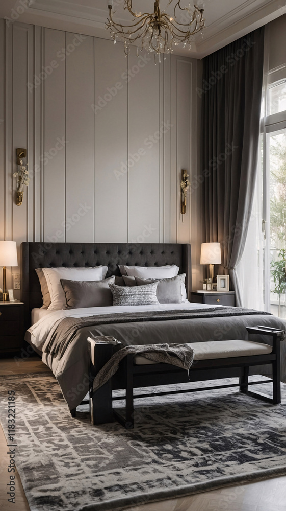 Fototapeta premium Stylish modern bedroom with black and white color palette large windows luxury furniture and a minimalist design Contemporary Interior Design Inspiration