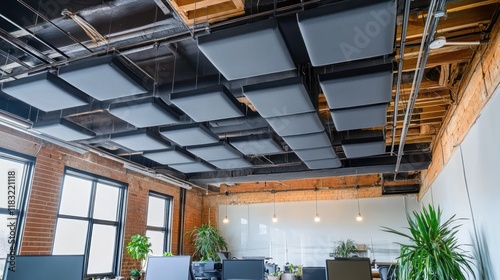 Office with acoustic ceiling panels, soundproofing elements, and warm lighting