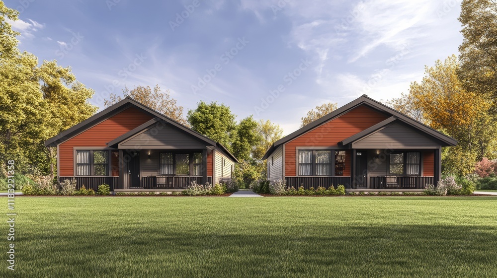 101.A freshly constructed twin house with contrasting facade colors, spacious front yards, and a backdrop of a clear sky blending with nearby trees. 101.A freshly constructed twin house with contrasting facade colors, spacious front yards, and a backdrop of a clear sky blending with nearby trees.