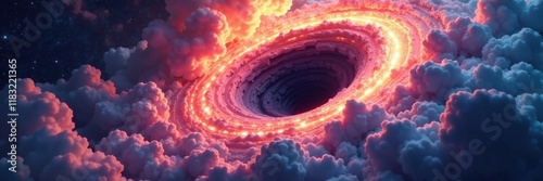 Colorful clouds dissolve into black hole's maw, stellar death, ionization