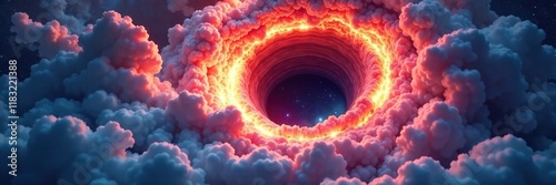 Colorful clouds dissolve into black hole's maw, explosion, starburst