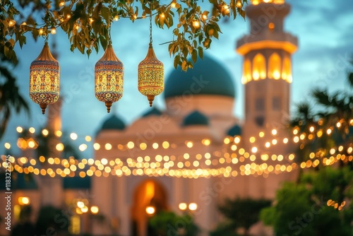 Beautifully illuminated lanterns hang near a mosque during evening festivities in a vibrant community celebration photo