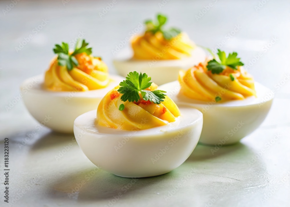 Minimalist Deviled Eggs: Elegant Appetizer on White Background Minimalist Deviled Eggs: Elegant Appetizer on White Background