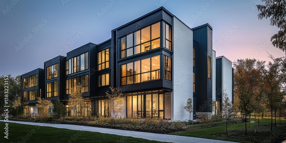 Obraz premium Modern townhouses, twilight, urban architecture, glass facades, warm interior lighting, contemporary design, angular structures, geometric shapes, minimalist aesthetic, landscaped vegetation, upscale 