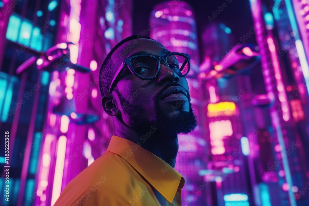 Urban portrait of a man in futuristic cityscape with colorful neon lights Urban portrait of a man in futuristic cityscape with colorful neon lights