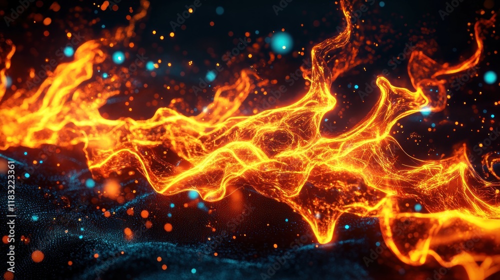 Fiery stream flows, dark background, sparks, energy, abstract, digital art, VFX Fiery stream flows, dark background, sparks, energy, abstract, digital art, VFX