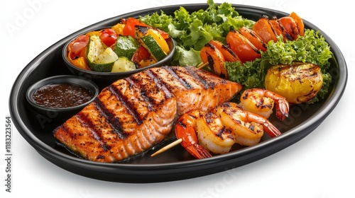 a seafood platter with grilled salmon, shrimp skewers, and a side of roasted vegetables