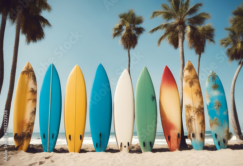 surfboards row generated beach palm background trees sky water retro sport vintage summer nature banner sun surf surfboard hawaii vacation lifestyle tour tourism ocean california