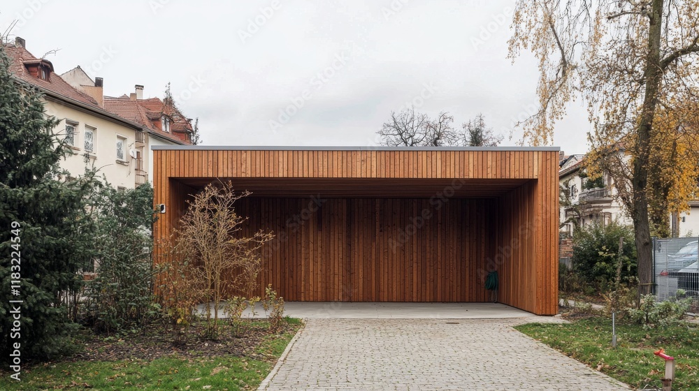 58.A modern wooden house with horizontal paneling, a stylish carport, and a neat front yard, set against the backdrop of a serene residential area in Esslingen. 58.A modern wooden house with horizontal paneling, a stylish carport, and a neat front yard, set against the backdrop of a serene residential area in Esslingen.
