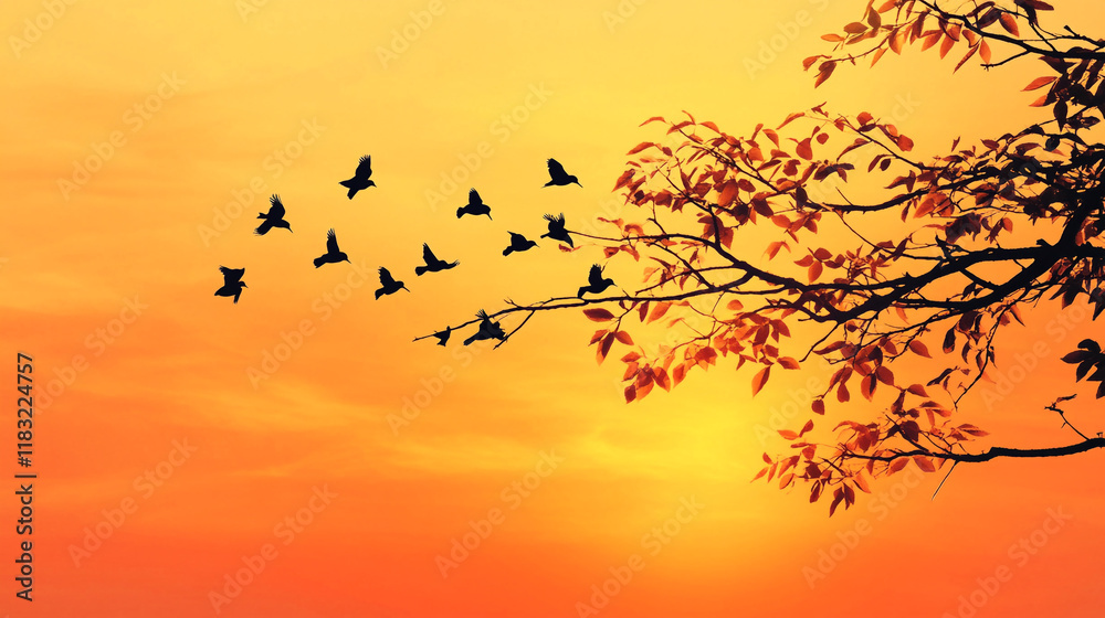Fototapeta premium Birds flying at sunset with colorful sky and autumn leaves in background