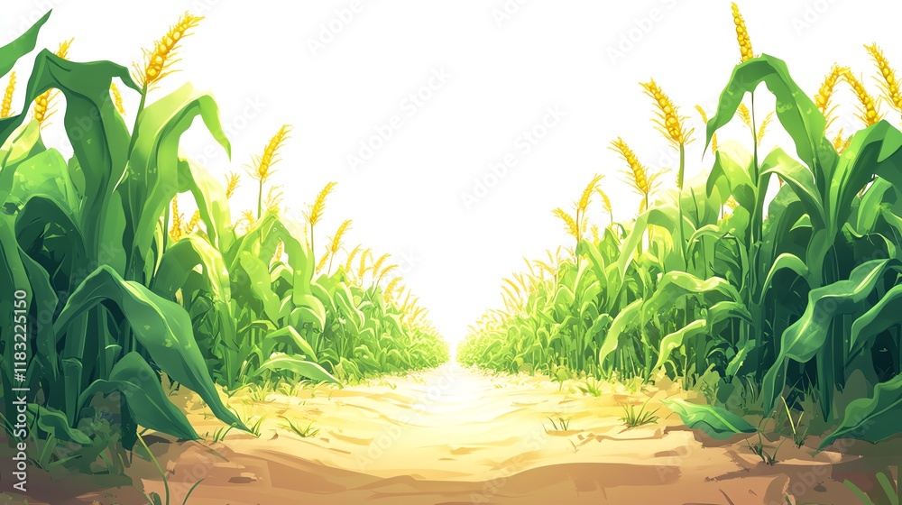 Obraz premium a 2D cartoon illustration of a cornfield with tall cornstalks, sunny and bright, white background--ar 16:9