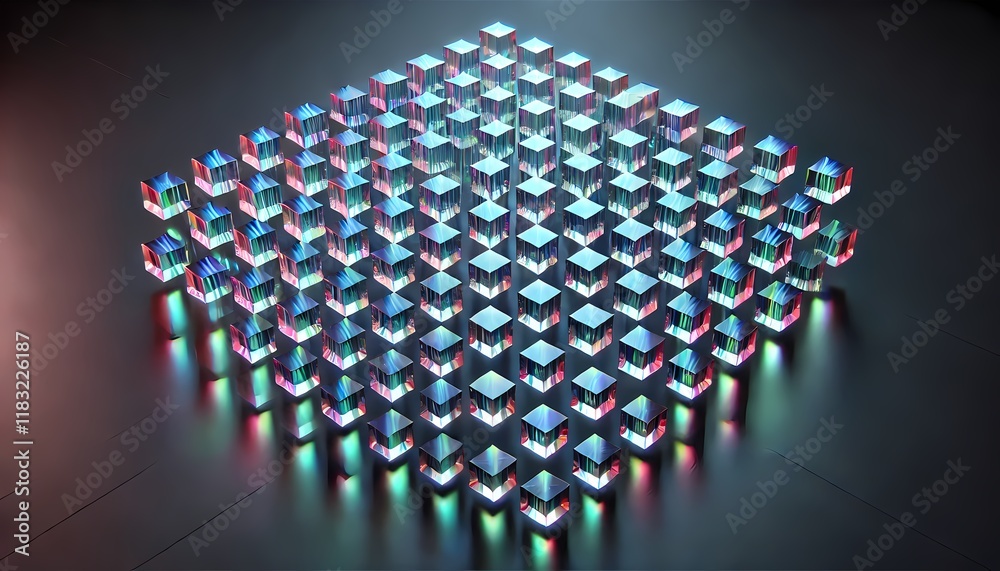 Fototapeta premium Floating rectangular prisms arranged in a 3D grid, each with iridescent colors and subtle reflections