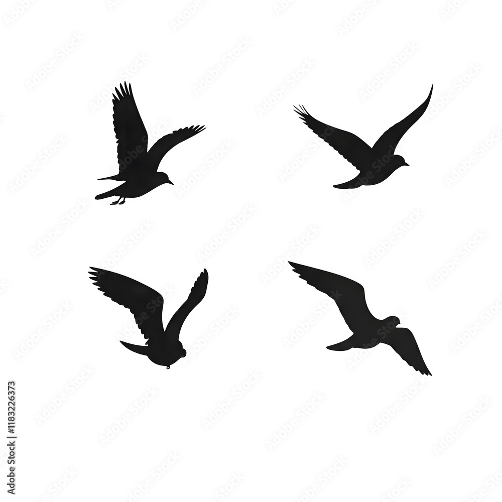Obraz premium PNG Image of Four Flying Bird Silhouettes in Black, set of silhouettes of birds