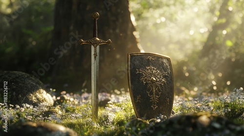 Medieval sword and shield on the forest