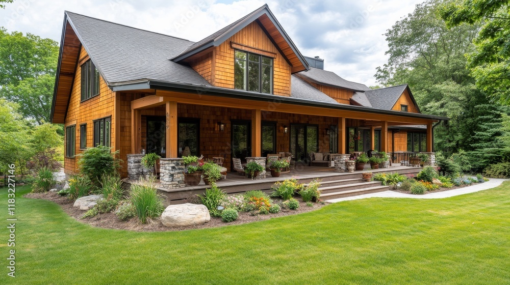 Fototapeta premium 59.A suburban wooden house with clean design elements, featuring a cozy porch, minimalist landscaping, and soft natural light creating an inviting ambiance.