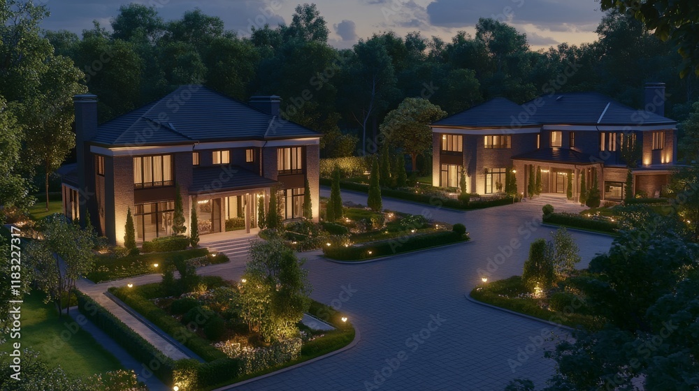106.A twin house depicted in 3D with symmetrical architecture, a shared driveway, and landscaped gardens, with soft lighting accentuating its modern aesthetic. 106.A twin house depicted in 3D with symmetrical architecture, a shared driveway, and landscaped gardens, with soft lighting accentuating its modern aesthetic.