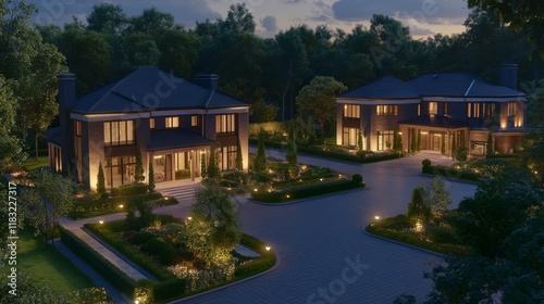 106.A twin house depicted in 3D with symmetrical architecture, a shared driveway, and landscaped gardens, with soft lighting accentuating its modern aesthetic.