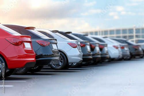 A row of cars are parked in a lot, with the red car being the most prominent. The cars are all different colors and sizes, but they all have one thing in common: they are parked in a lot. photo