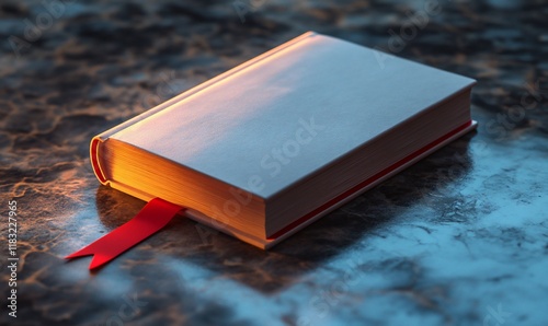 Closed book, red bookmark, marble surface, dark background, education concept