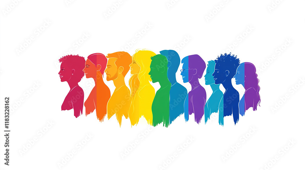 Obraz premium Group of colorful people silhouettes, united, isolated on white background. 