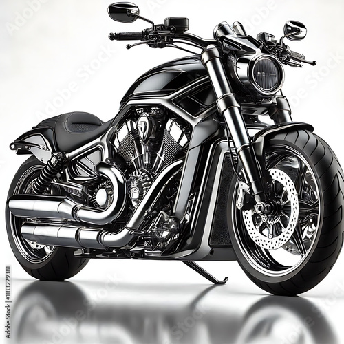 A black motorcycle with chrome accents and saddlebags, possibly a touring model, parked in a paved area among other motorcycles Overcast sky provides soft shadows in can Kyiv, Ukraine 04-20-2024
