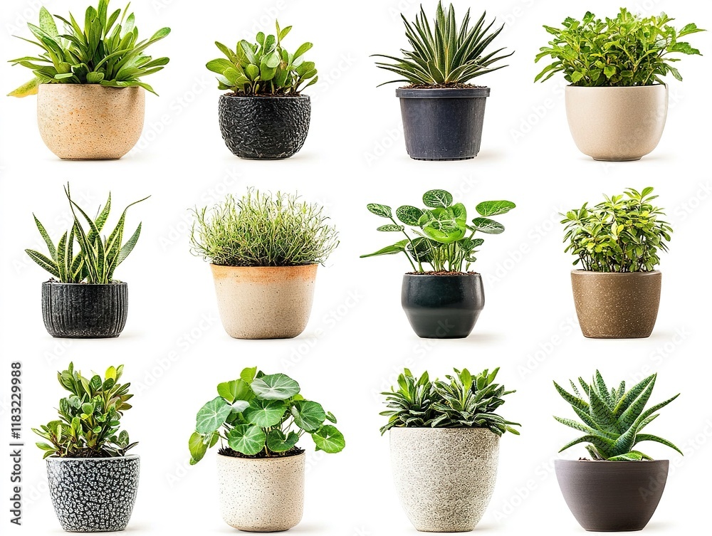 Fototapeta premium Cactus pots in various colors and designs, isolated on a white background. 