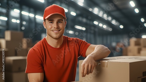 A logistic worker arranges cardboard boxes in a busy transportation hub. The space is brightly lit, with stacks of boxes placed systematically to ensure smooth operations.