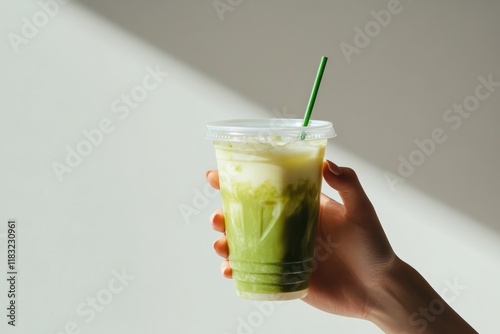 Hand holding iced matcha latte drink in plastic cup