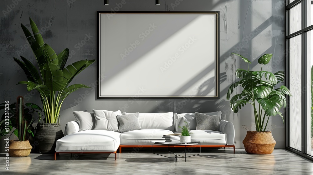 Fototapeta premium Contemporary modern home space clean minimalist interior with a frame for a poster