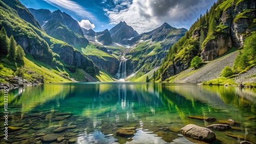 Minimalist Lac d'Oô, French Pyrenees: Serene Mountain Lake & Waterfall