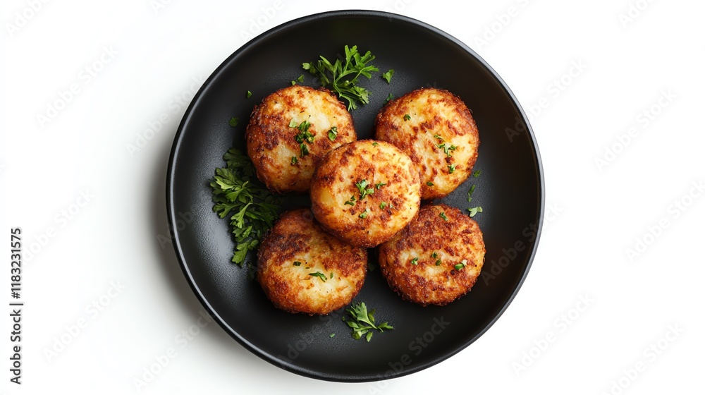 Crispy potato patties on a black plate. Crispy potato patties on a black plate.