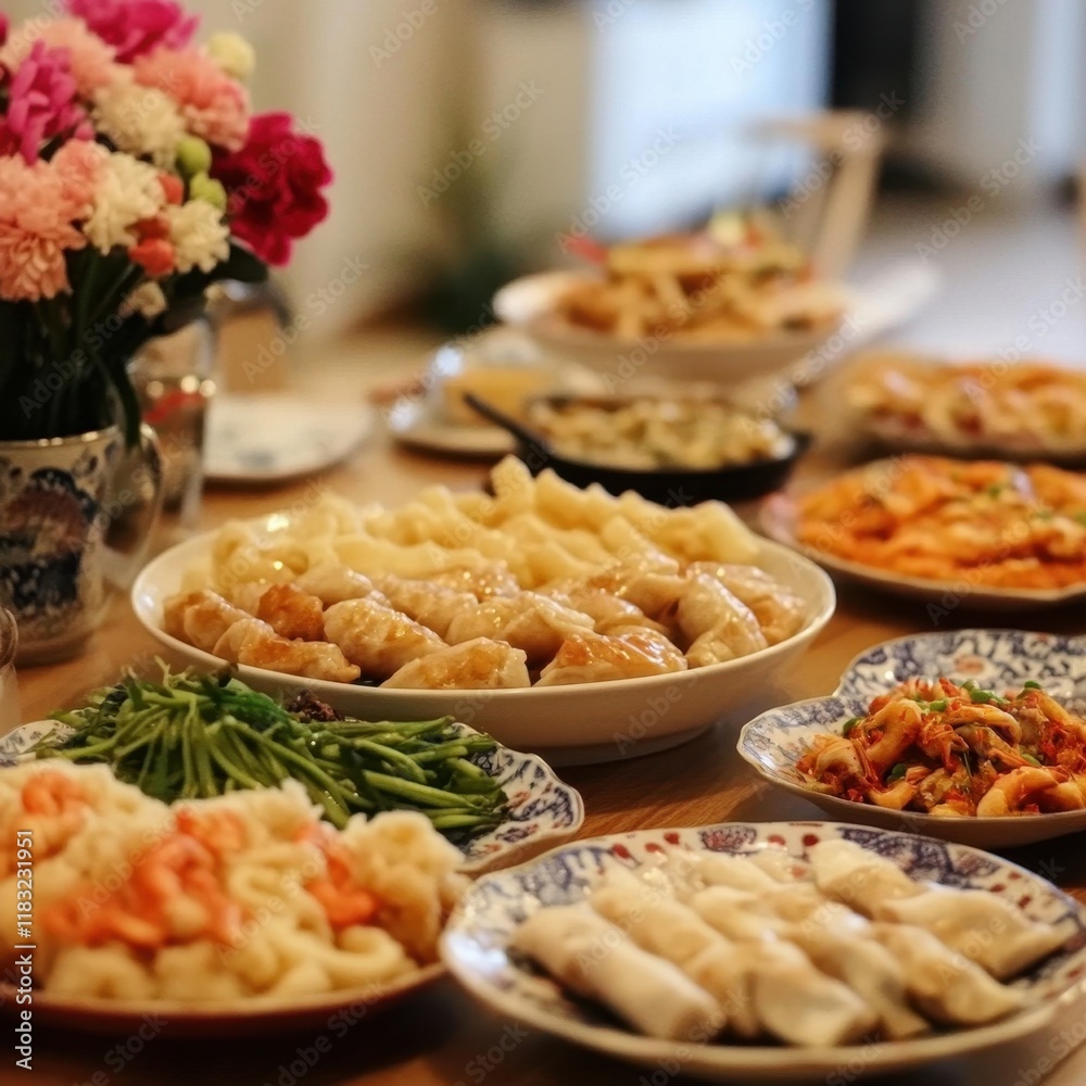 Assorted Dishes Grace a Festive Family Dinner Table Assorted Dishes Grace a Festive Family Dinner Table