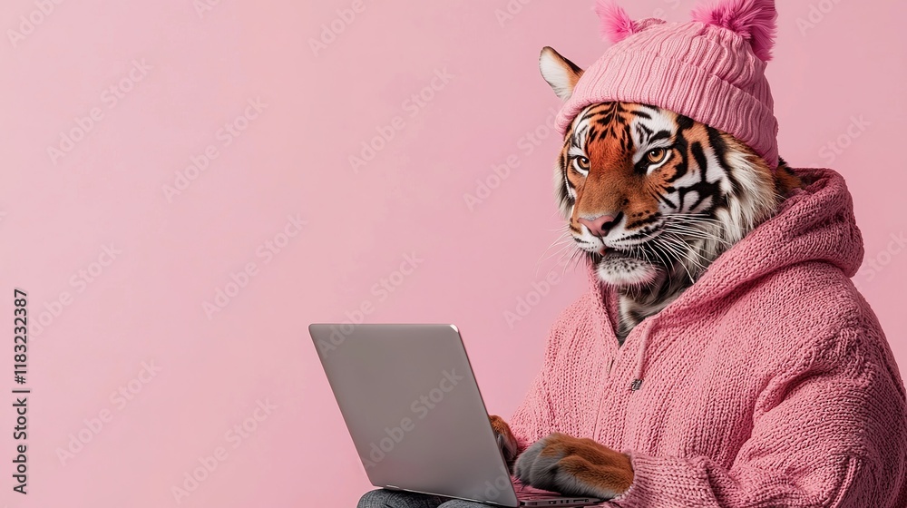 Fototapeta premium Tiger in Pink Sweater Uses Laptop