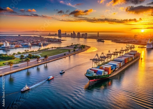 Minimalist Long Beach Harbor Cargo Ships at Sunset, Southern California