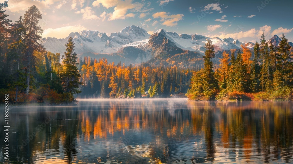 Fototapeta premium Majestic Autumn Landscape with Colorful Trees and Snow-Capped Mountains Reflected in Tranquil Lake Under Blue Sky and Fluffy Clouds