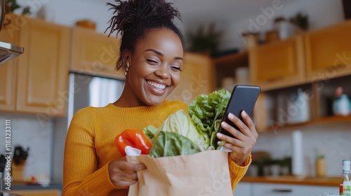 Wallpaper Mural Happy woman checks grocery order on her phone Torontodigital.ca