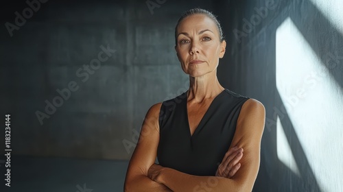 Confident Mature Woman Poses Against a Gray Wall photo