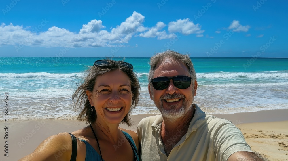 Happy Couple Enjoying a Sunny Beach Vacation Happy Couple Enjoying a Sunny Beach Vacation