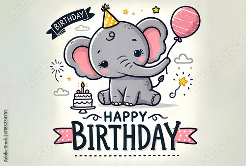 Happy birthday. cartoon postcard. cute elephant and happy birthday inscription. Generated AI