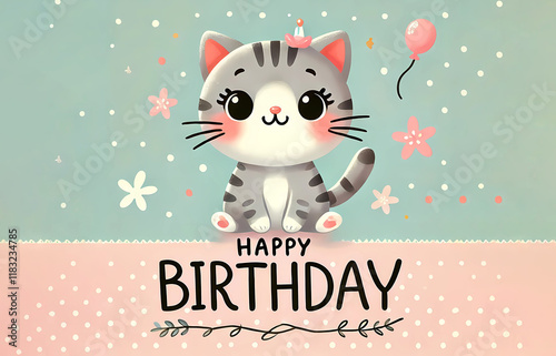 Happy birthday. illustration. cute cat. and the inscription Happy Birthday. Generated AI