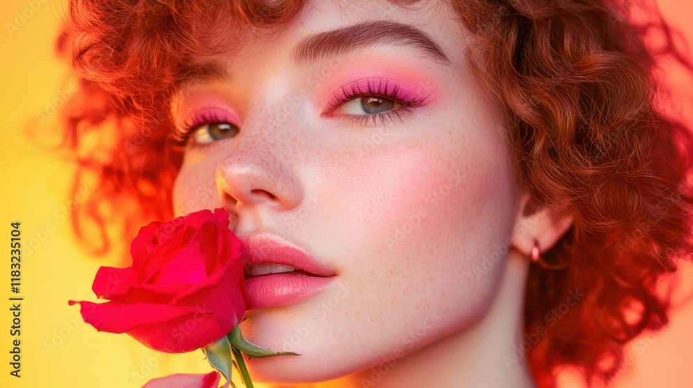 Naklejka premium Close-up portrait of a woman, with neon pink eyeliner, curly auburn hair, and holding a single red rose petal near her lips, against a gradient orange and pink backdrop romantic couple, happy 