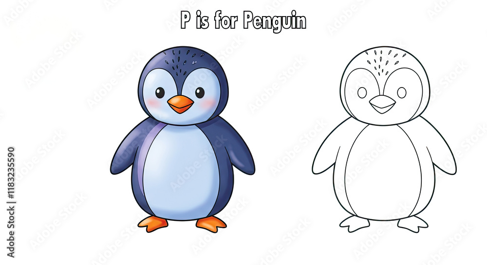 Fototapeta premium P is for Penguin: A cute penguin illustration for kids, perfect for learning the alphabet and coloring. 