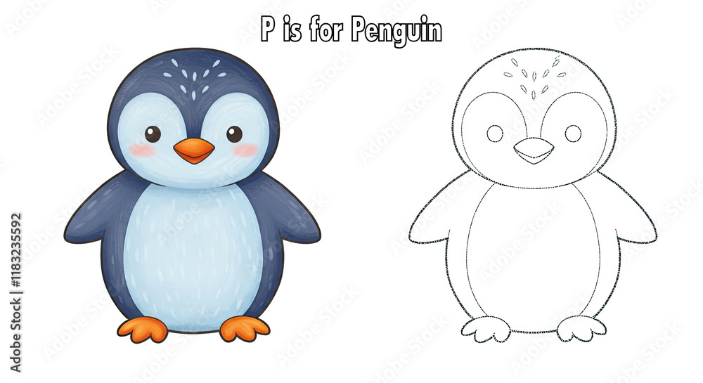Naklejka premium Adorable Penguin ABC Illustration for Coloring Book Page for Children.