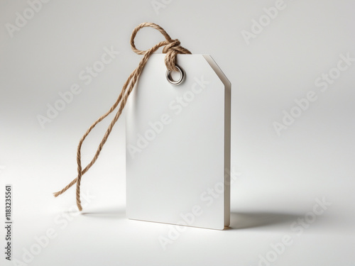 A blank white rectangular tag with rounded corners, featuring a brown twine string threaded through a metal eyelet, perfect for use in product labeling, branding, or price tagging in retail settings.