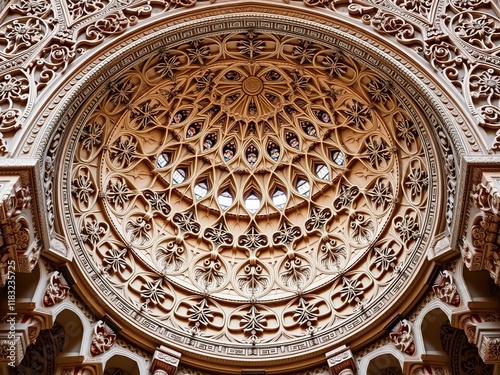 Intricately carved Islamic geometric patterns adorn the dome of a mosque, ornament, religious photo