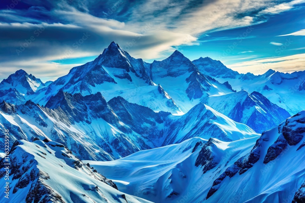 Abstract snow mountain landscape: blue contour lines define a high-altitude winter scene, captured in artistic photography. Abstract snow mountain landscape: blue contour lines define a high-altitude winter scene, captured in artistic photography.