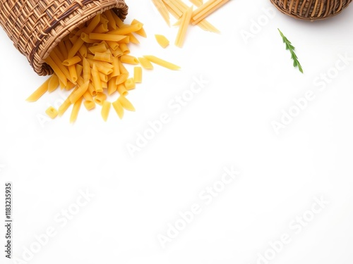 Italian torchiette pasta in a wicker canister against a white background with copy space, white background, ingredient photo