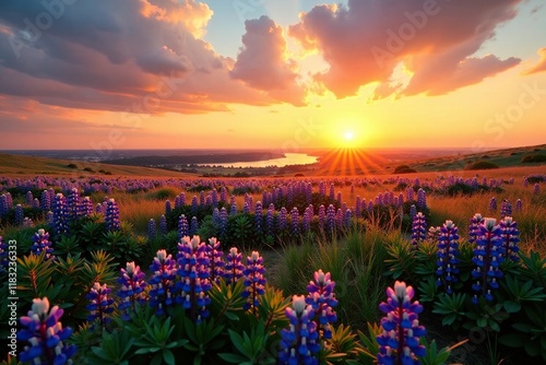 Golden hues of sunset casting over vast Texas bluebonnet sea, sky, muleshoe bend, landscape photo