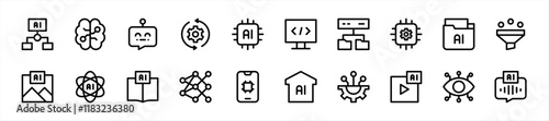 Set of artificial intelligence icons. 20 sets of artificial intelligence icons. Artificial intelligence icons. Simple line artificial intelligence icons